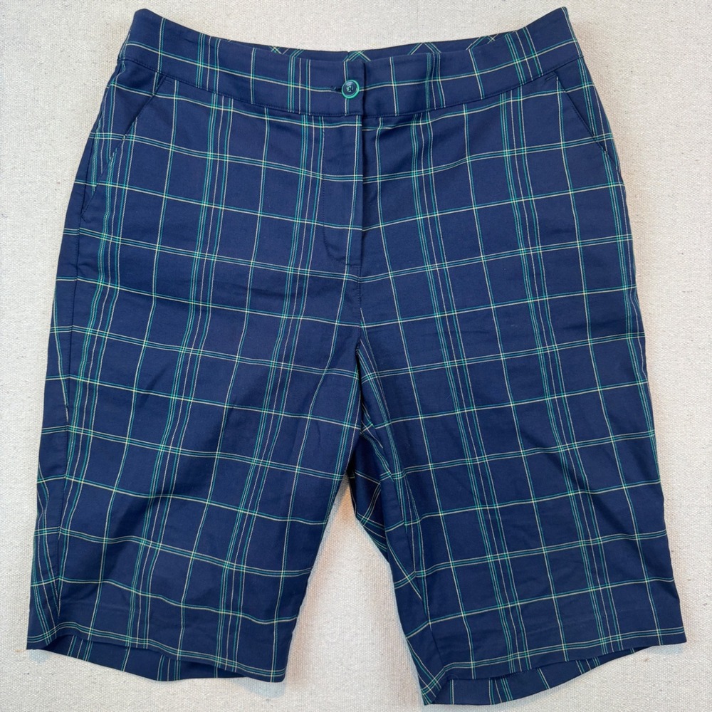 Greg Norman 6 Bermuda Shorts Womens Navy Blue Green Plaid Golf Stretch